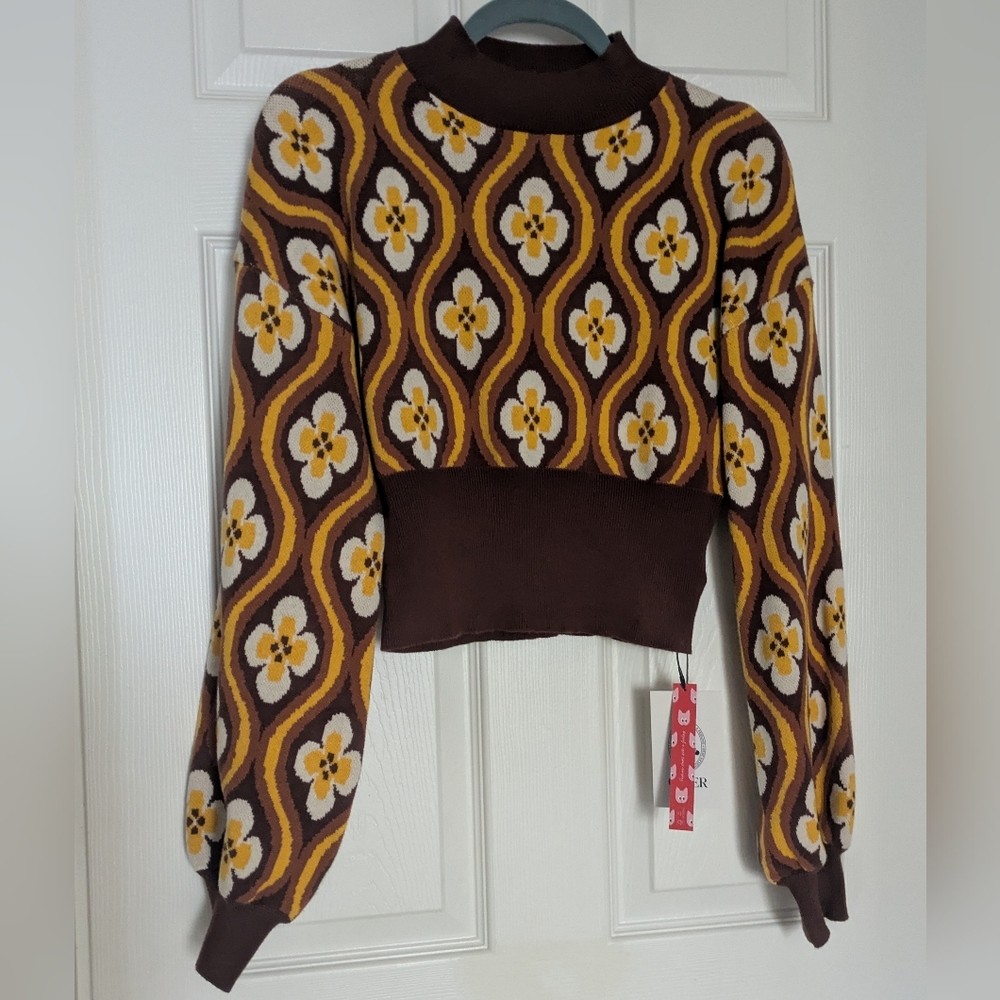 Cider Brown and Yellow Knit Womens High Neck Lightweight Sweater Floral Retro